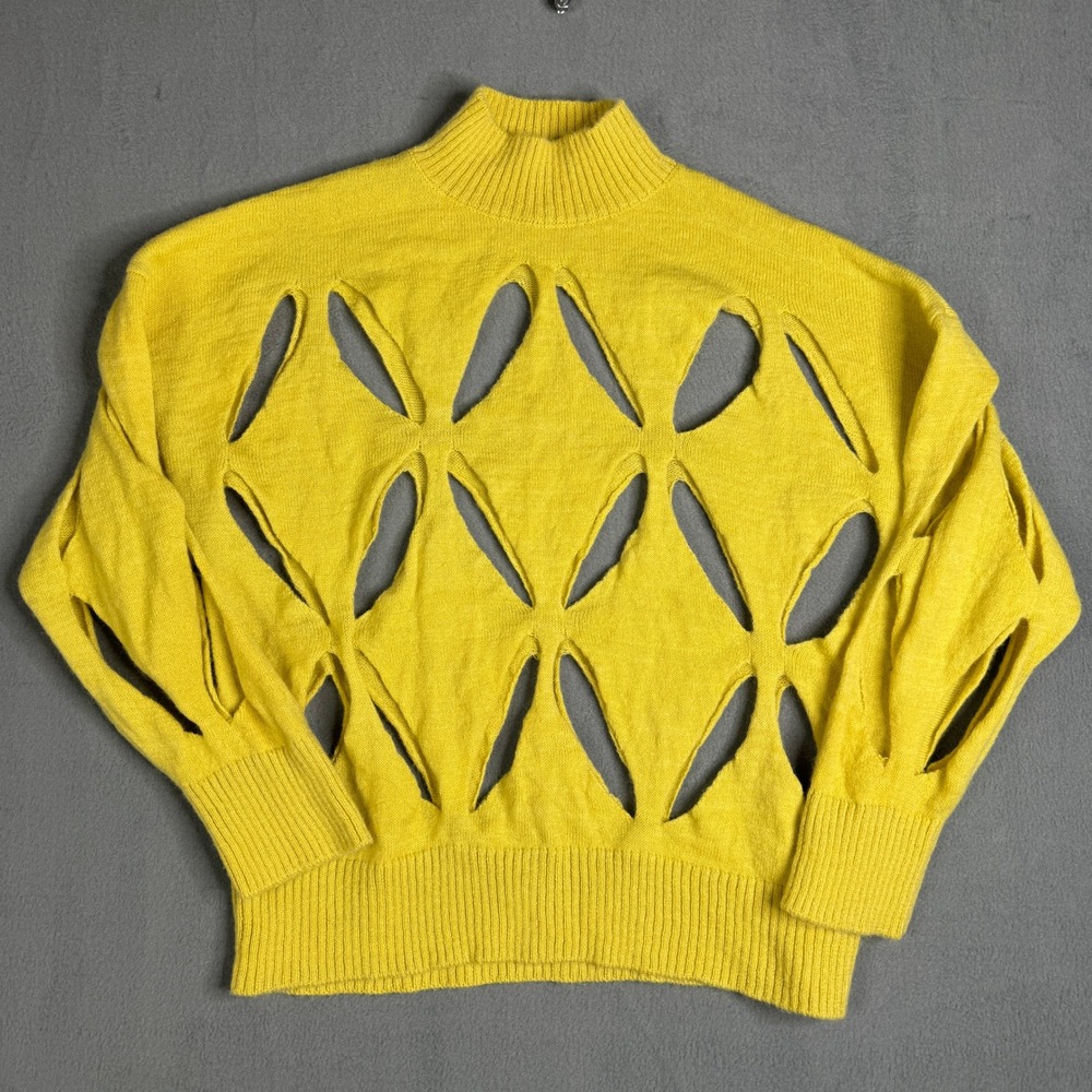 Valentino Yellow Mohair Merino Wool Cut Out Slashed Mock Neck Sweater Size S - Picture 3 of 10